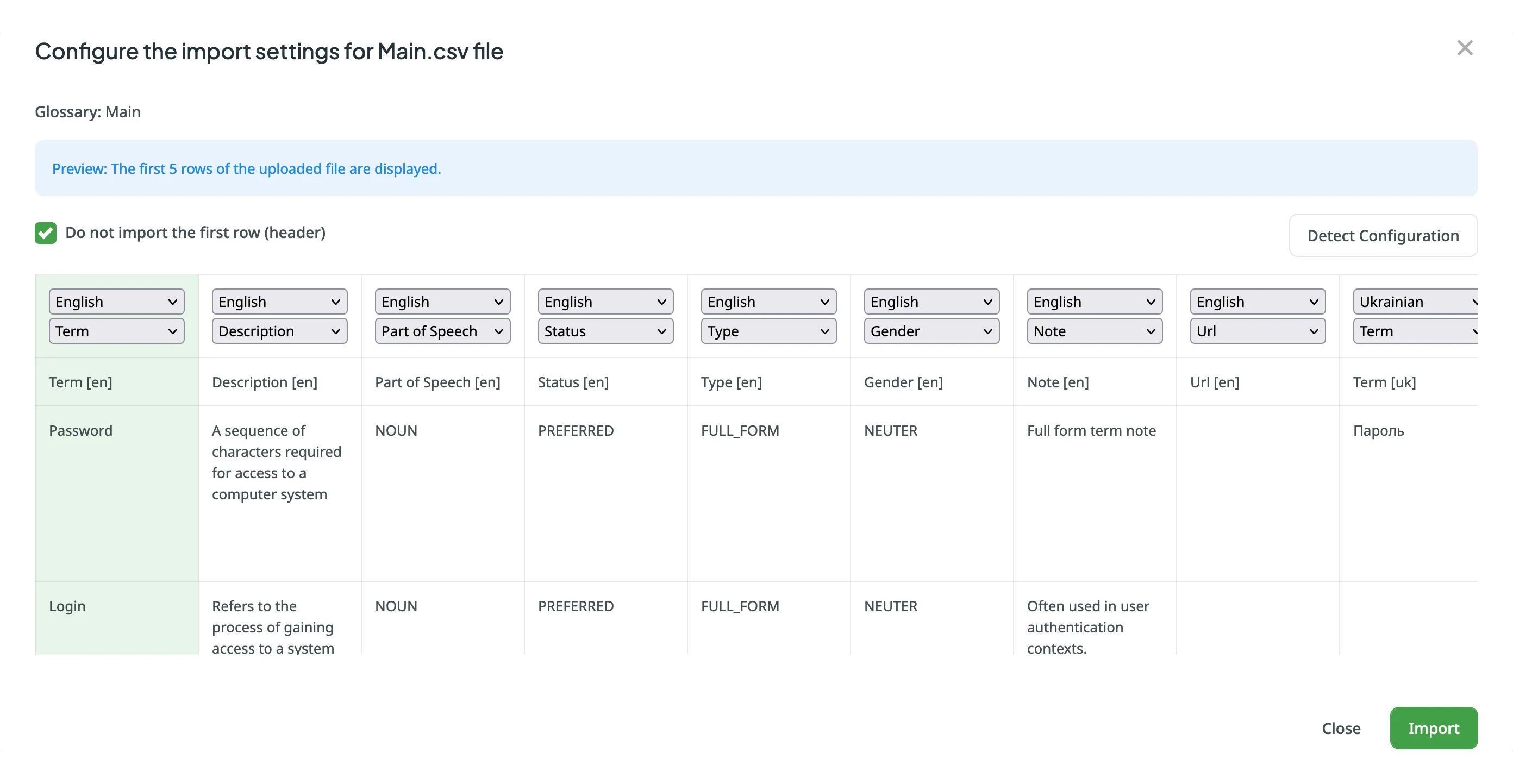 Configure Glossary Import